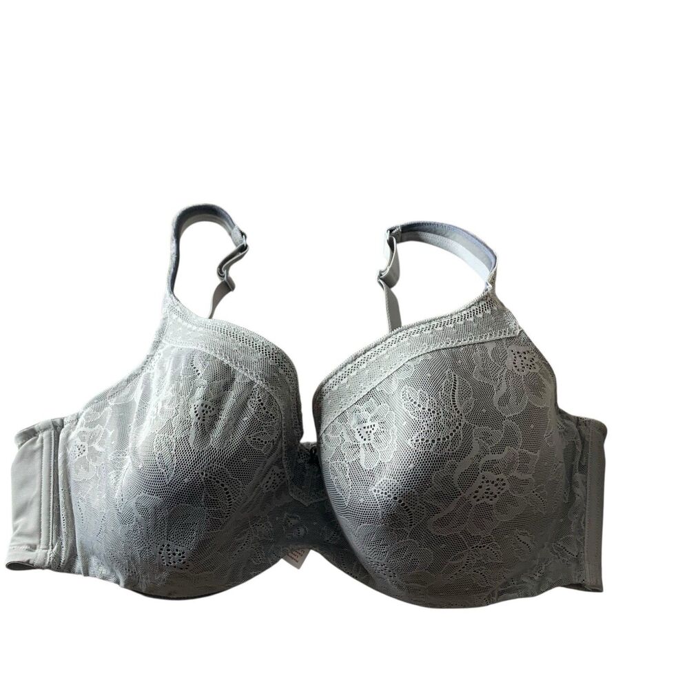 Cacique 44DD Bra Modern Lace Covered Unlined Full Coverage Underwire Womens Gray